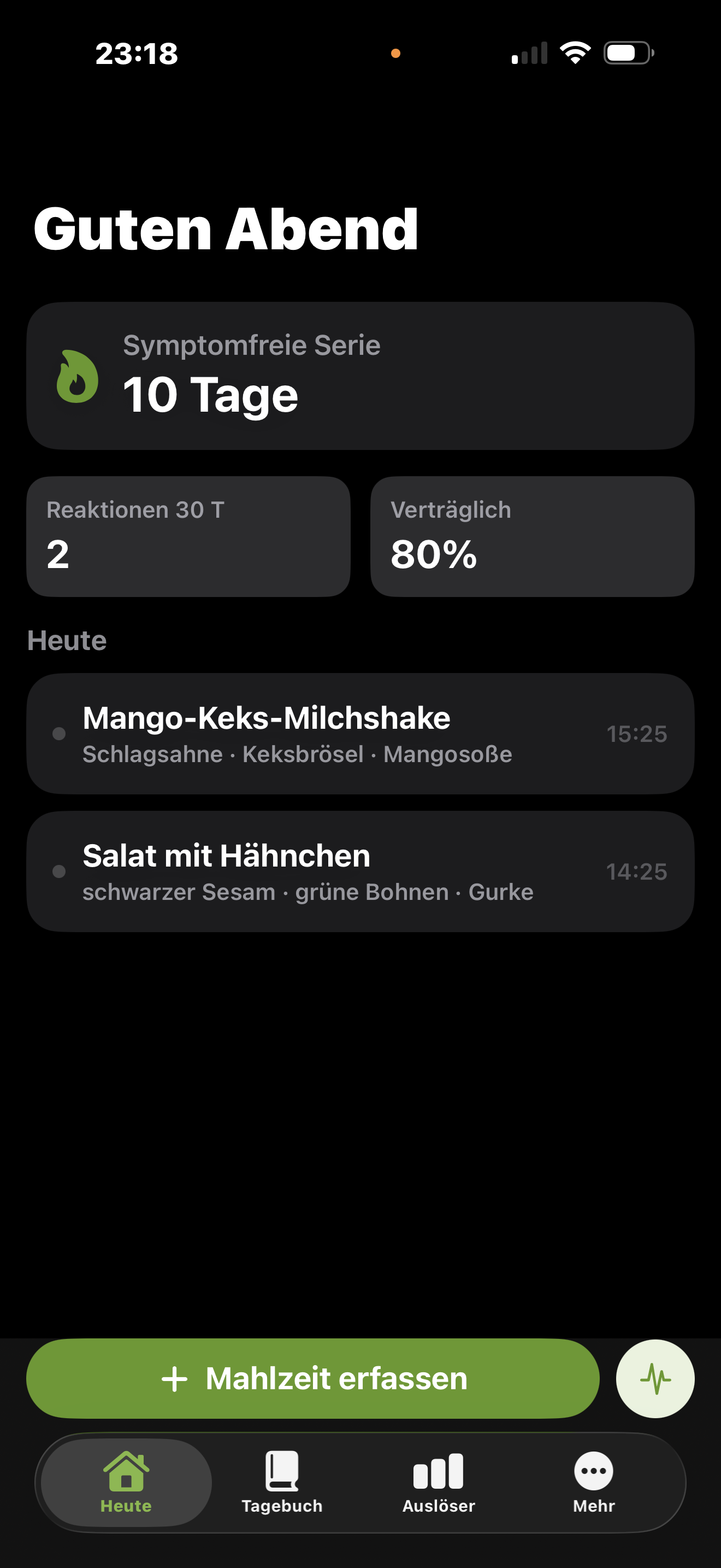 Heute-Bildschirm mit symptomfreier Serie, Reaktionen der letzten 30 Tage, Verträglichkeitsquote und heutigen Mahlzeiten.
