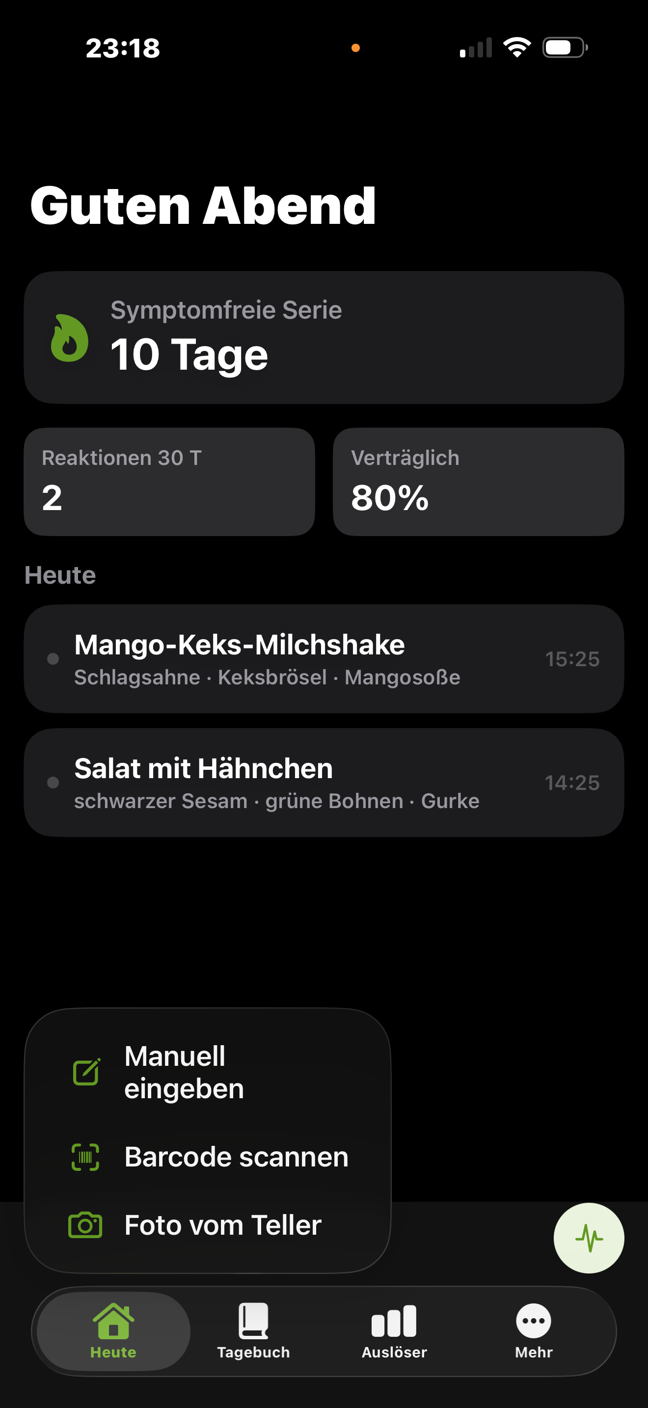 Erfassungs-Menü mit den Optionen Manuell eingeben, Barcode scannen und Foto vom Teller.