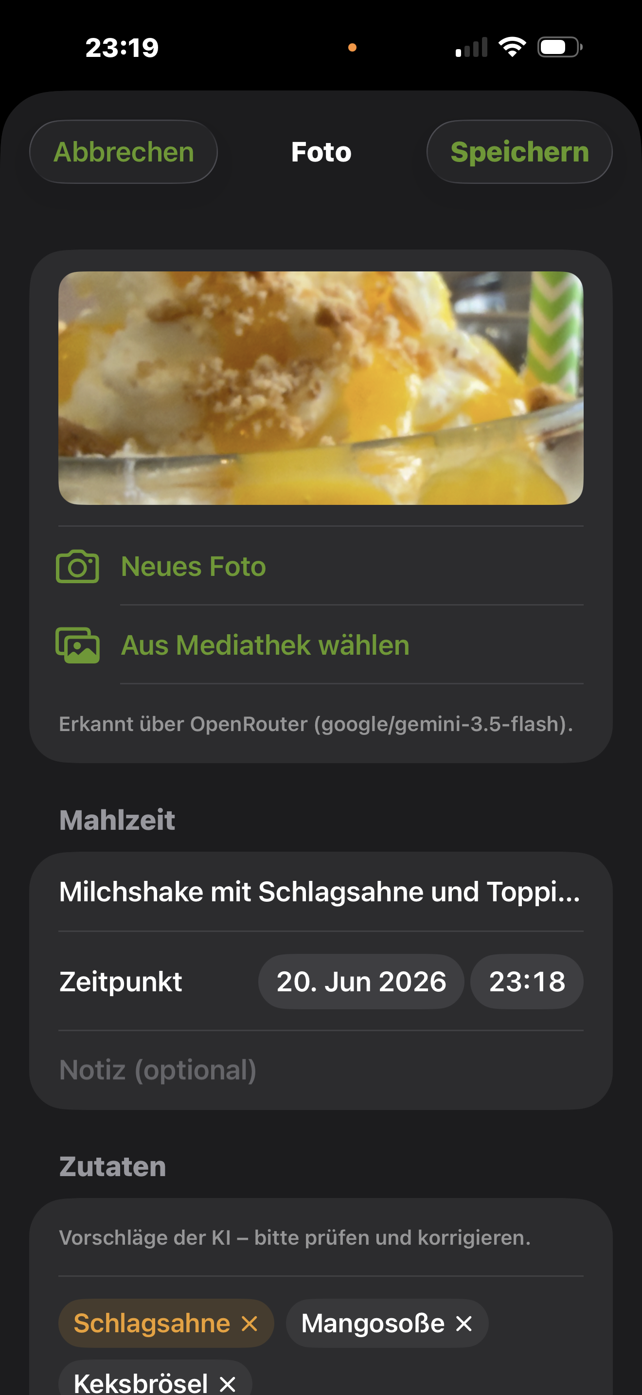 Erfassungs-Detail: Foto eines Gerichts, Quelle der Erkennung, Mahlzeit-Name, Zeitpunkt und Zutaten als entfernbare Chips.