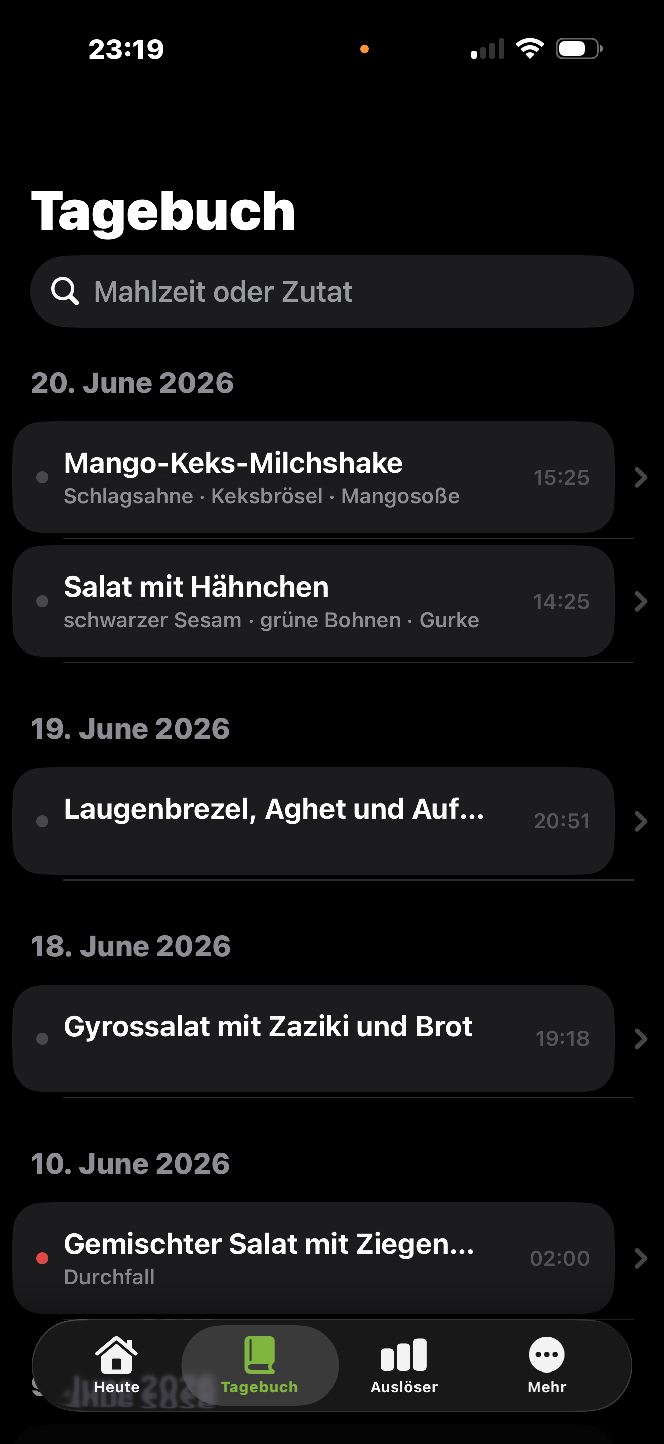 Tagebuch mit nach Datum gruppierten Mahlzeiten; ein Eintrag mit Durchfall ist farbig markiert.